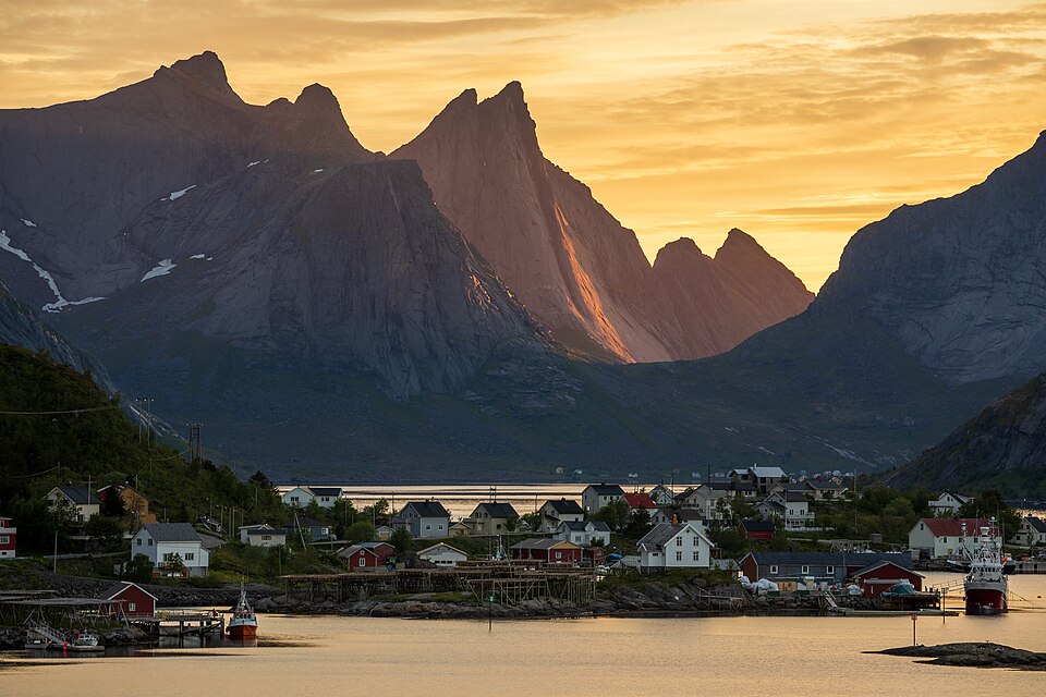 Moltbærtinden and Breiflogtinden over Reinevågen in Moskenes, Nordland, Norway, 2022 June — Geirangerfjord, Norway