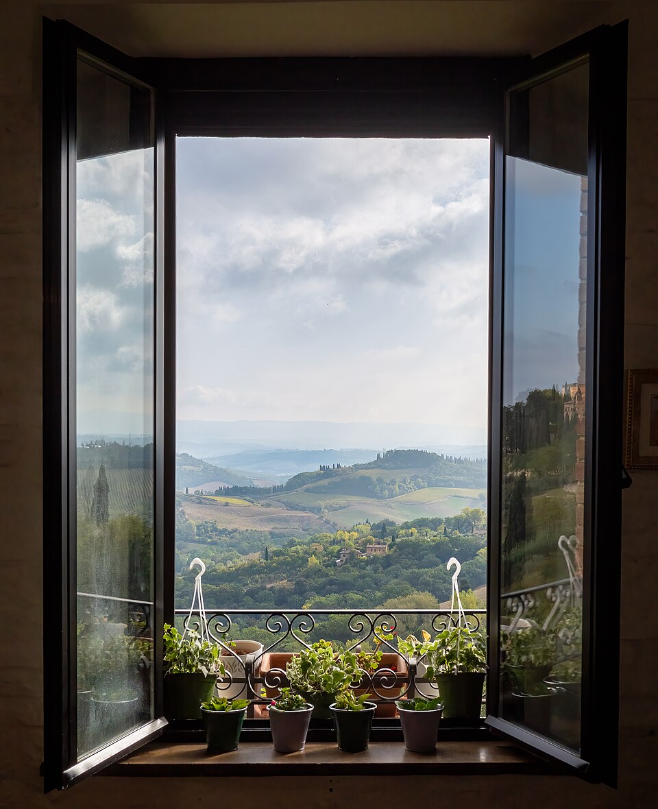 Window in a cafe in San Gimignano (02182)2 — Val d'Orcia, Italy