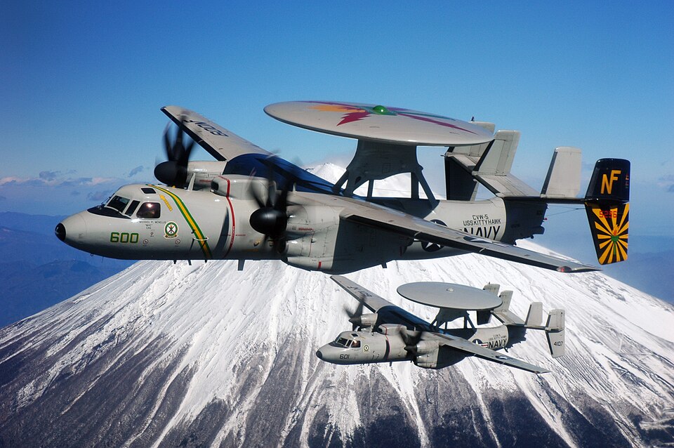 Grumman E-2C Hawkeyes of VAW-115 fly past Mount Fuji on 15 February 2007 (070215-N-2604L-0 — Mount Fuji, Japan