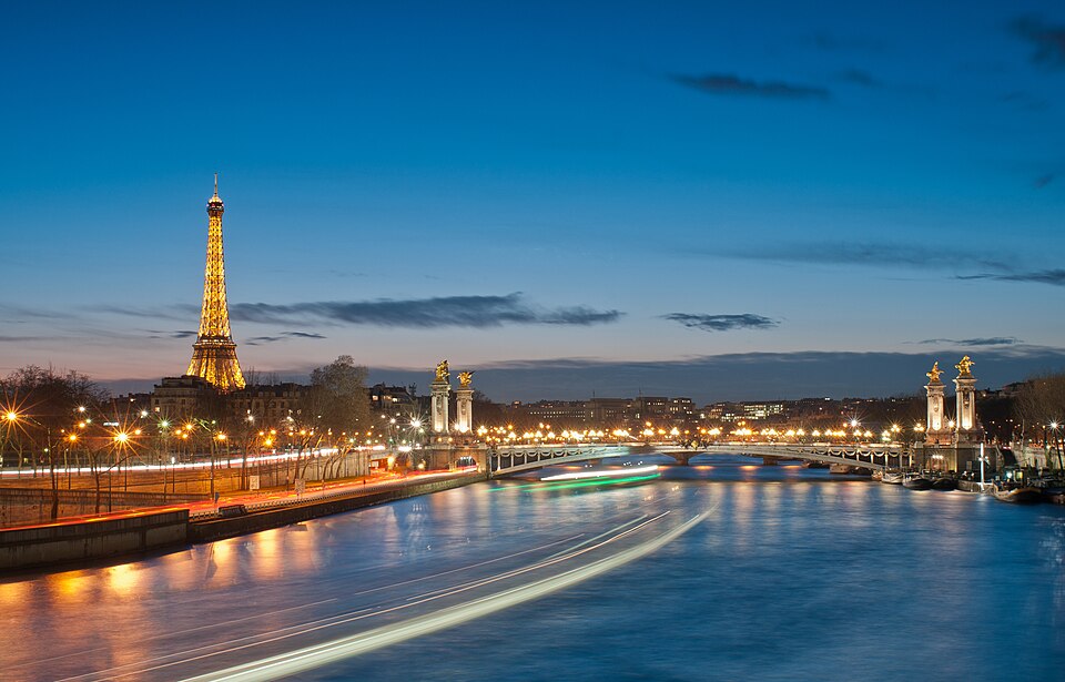 Eiffel Tower and Pont Alexandre III at night — Paris, France
