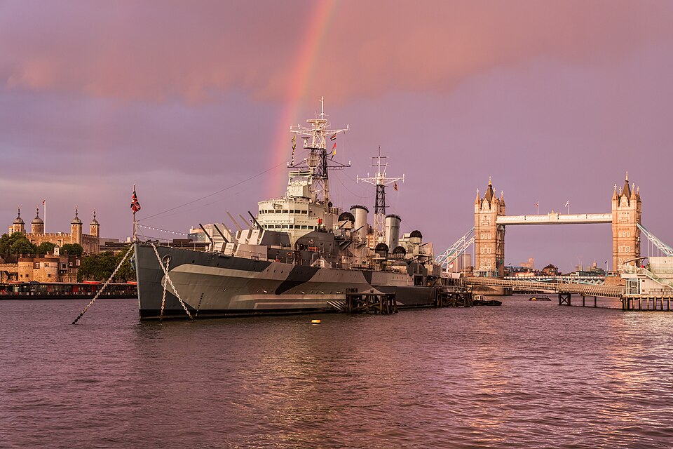 HMS Belfast with rainbow — London, United Kingdom