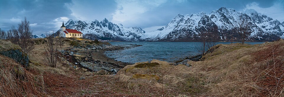 A Late evening view to Austnesfjorden at Sildpollnes Church, Austvågøya, Lofoten, Norway,  — Geirangerfjord, Norway