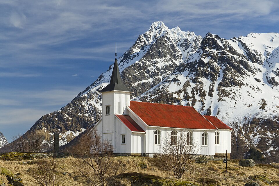 Sildpollnes Church and Higravstindan in morning, Austvågøya, Lofoten, Norway, 2015 April — Lofoten, Norway