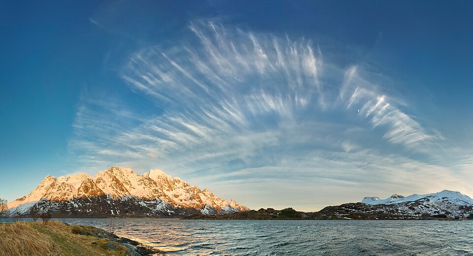 Cirrus front over Austnesfjorden, Austvågøya, Lofoten, Norway, 2015 April — Geirangerfjord, Norway