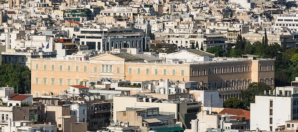 Top Hellenic Parliament building from Acropolis Athens Greece — Athens, Greece
