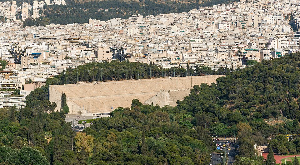 Panathenaic stadium, Pangrati borrough, from Acropolis, Athens, Greece — Athens, Greece