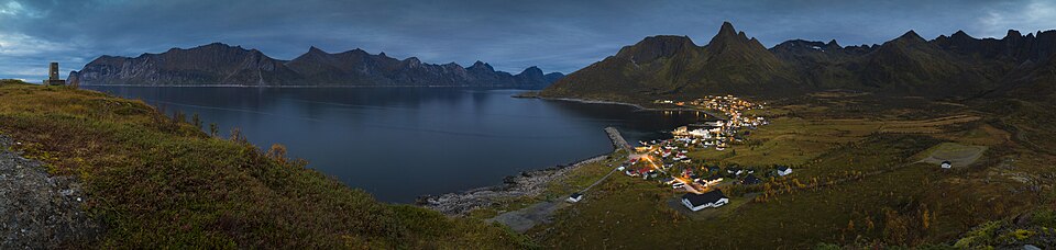 Wide shot to Mefjordvær in evening, Senja, Troms, Norway, 2015 September — Geirangerfjord, Norway