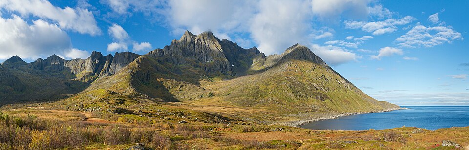 Mountain massif of Fjølhaugen at Knutevika in Senja, Troms, Norway, 2015 September — Geirangerfjord, Norway