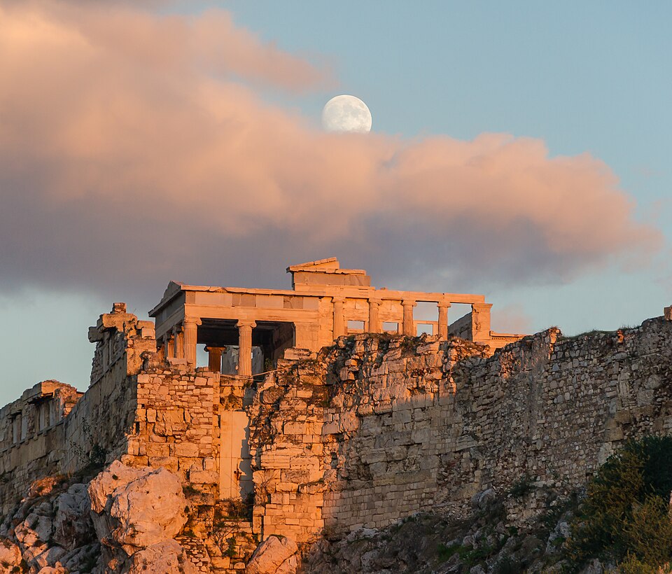 Erechtheum Acropolis Athens evening moon — Athens, Greece