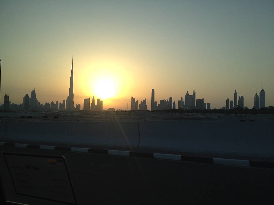 Dubai Skyline at sunset from road — Dubai, United Arab Emirates